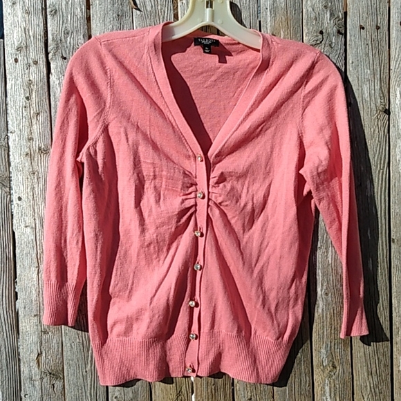 Talbots PEACHY Coral Rhinestone Button Front Cardigan Sweater Small Petite - Picture 2 of 6